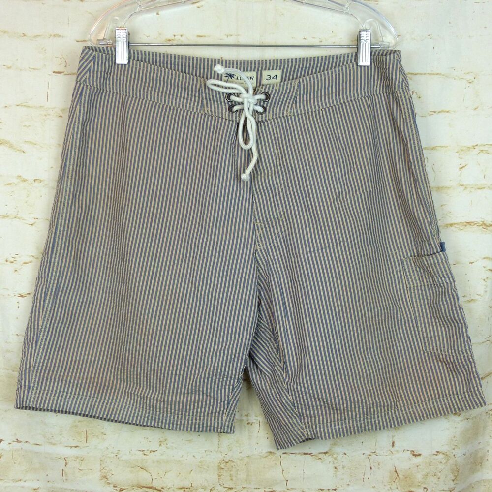J.Crew Mens Swim Trunks Board Shorts Blue White Stripe 34 Seersucker Preppy 8”